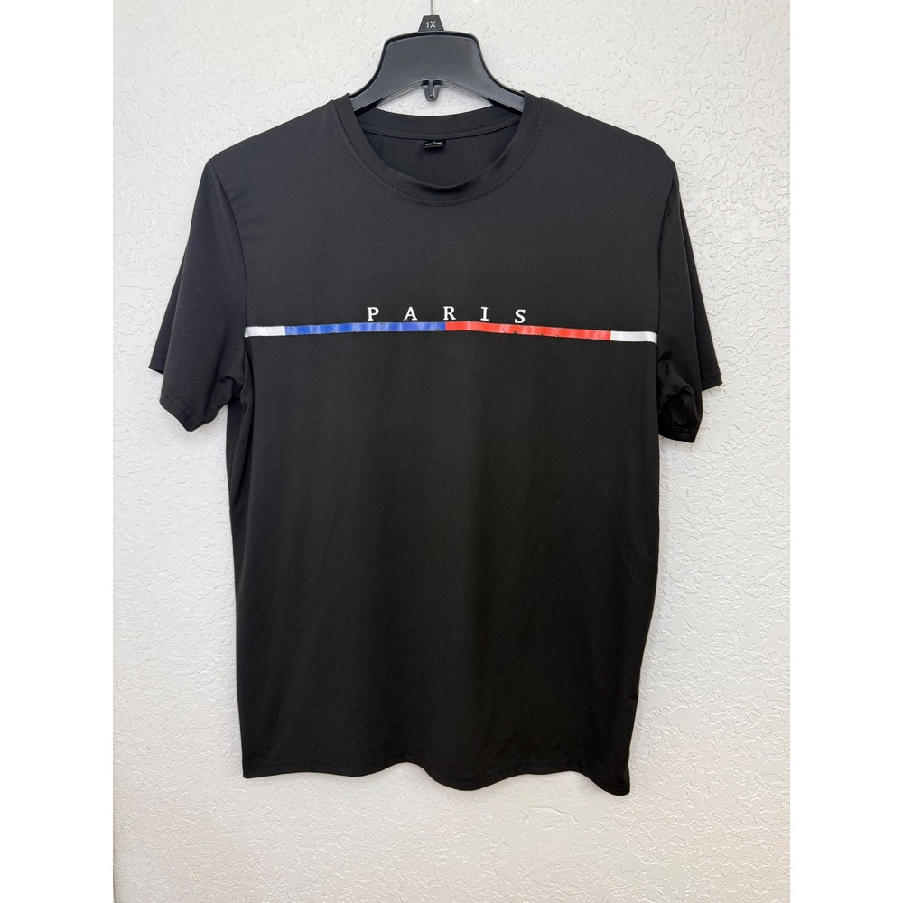 SHEIN Mens Black PARIS‎ Graphic T Shirt Large Short Sleeve Crew Neck Casual Top